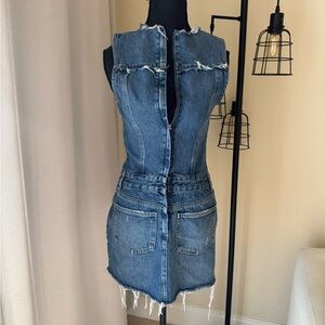 Zara Trendy Distressed Denim Mini Dress Front Zip Sleeveless Bodycon XS